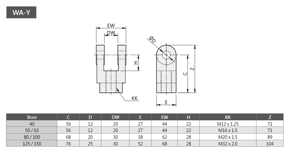 Tie Rod Cylinder WA-Y Series Dimensions