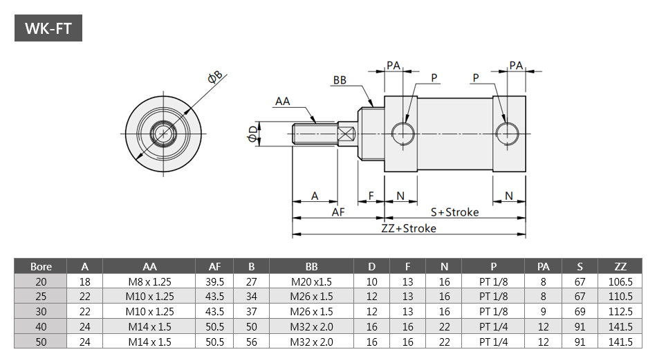 Round Cylinder WK-FT Series Dimensions