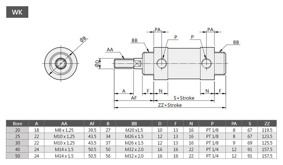 Round Cylinder WK Series Dimensions